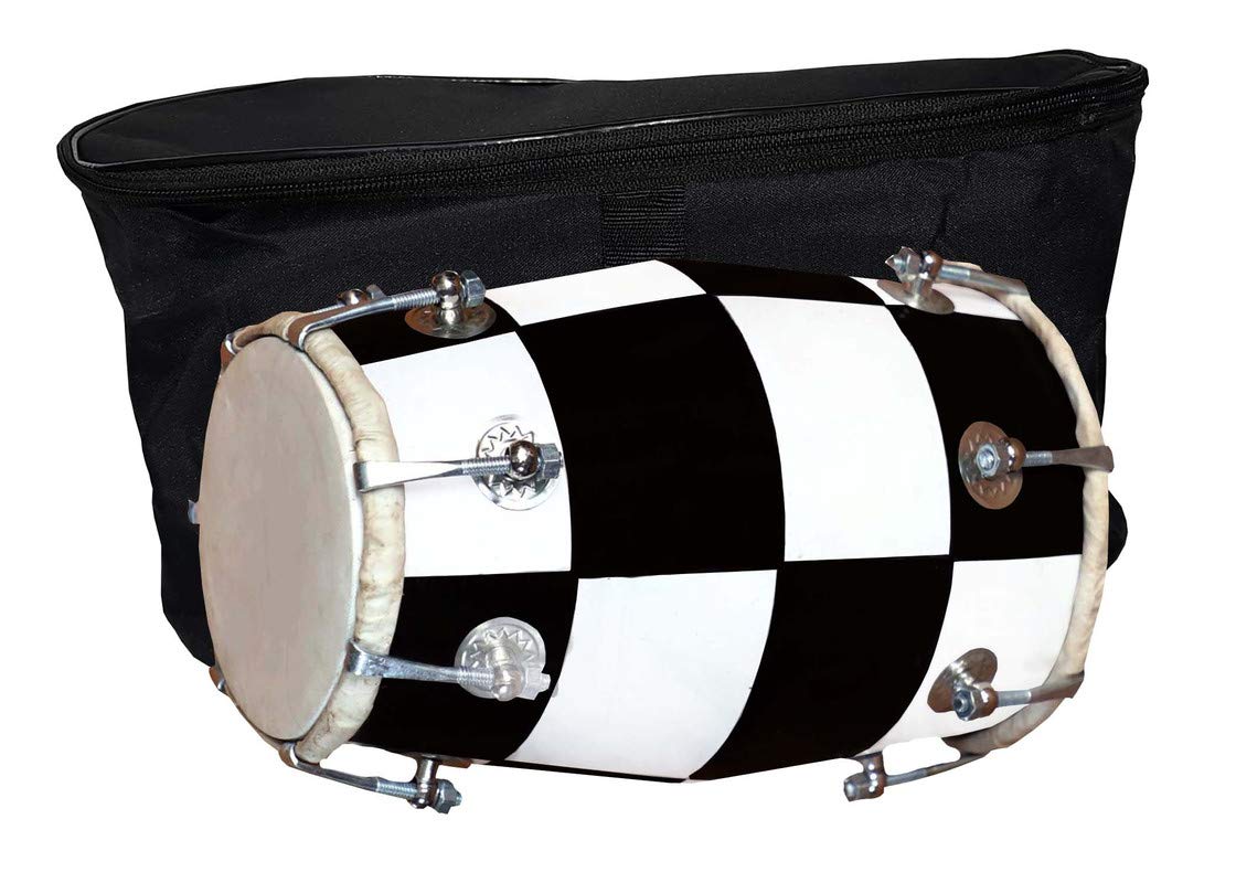 Wooden Musical Instrument Baby Dholak Drum Nuts & Bolt With Cover - Black & White | Perfectly Symmetric Round Dholak - Mini Dholak For Festival, Wedding, Satsang | Very Easy To Tune