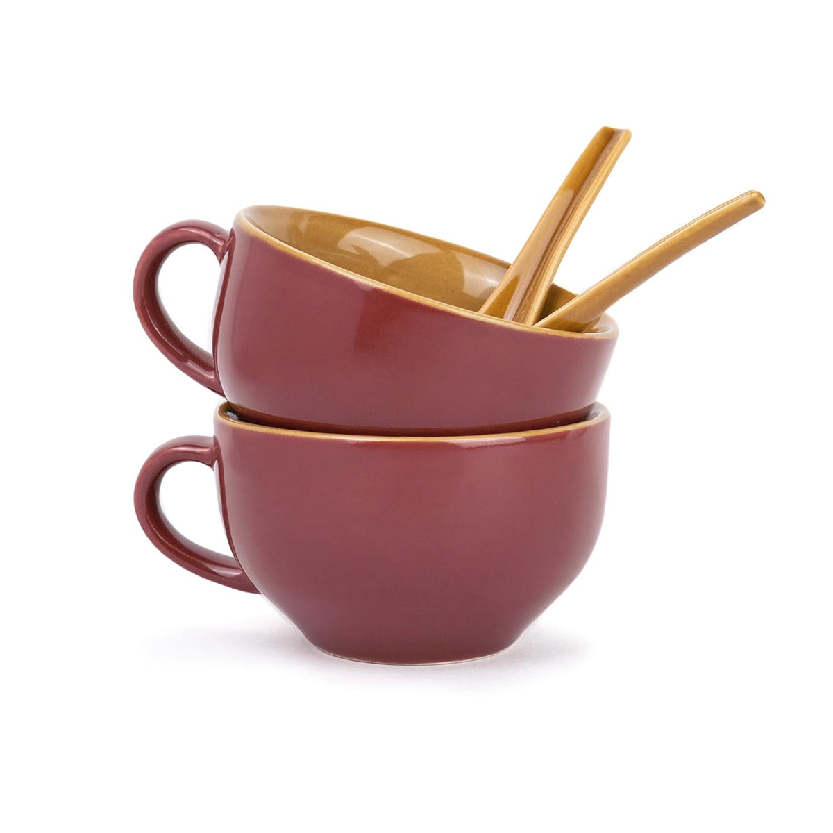 Ceramic Soup Bowl Set With Spoon Set Of 2 - Burgundy Brown, 350ml Each | Soup Mug - Soup Cup | 2 Soup Bowls + 2 Soup Spoons | Glossy Finish Ceramic Soup Bowls - Microwave Safe Soup Cup Set
