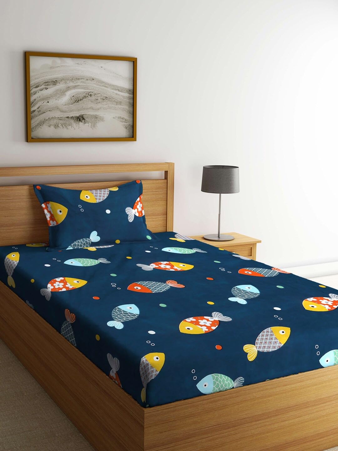 Cartoon Printed Single Bedsheet For Kids With One Pillow Cover - 60 X 90 Inches, Navy Blue | 300 Thread Count - Wrinkle Free Soft Perfect For Everyday Use