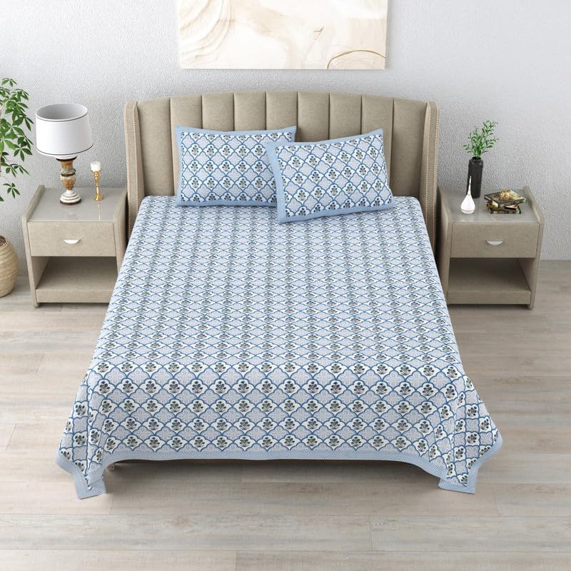 Cotton King Size Bedsheet With 2 Matching Pillow Covers - 90 X 108 Inches, Blue & White | Designer Printed Bedsheet Set - Naturally Soft, Breathable, & Skin-Friendly