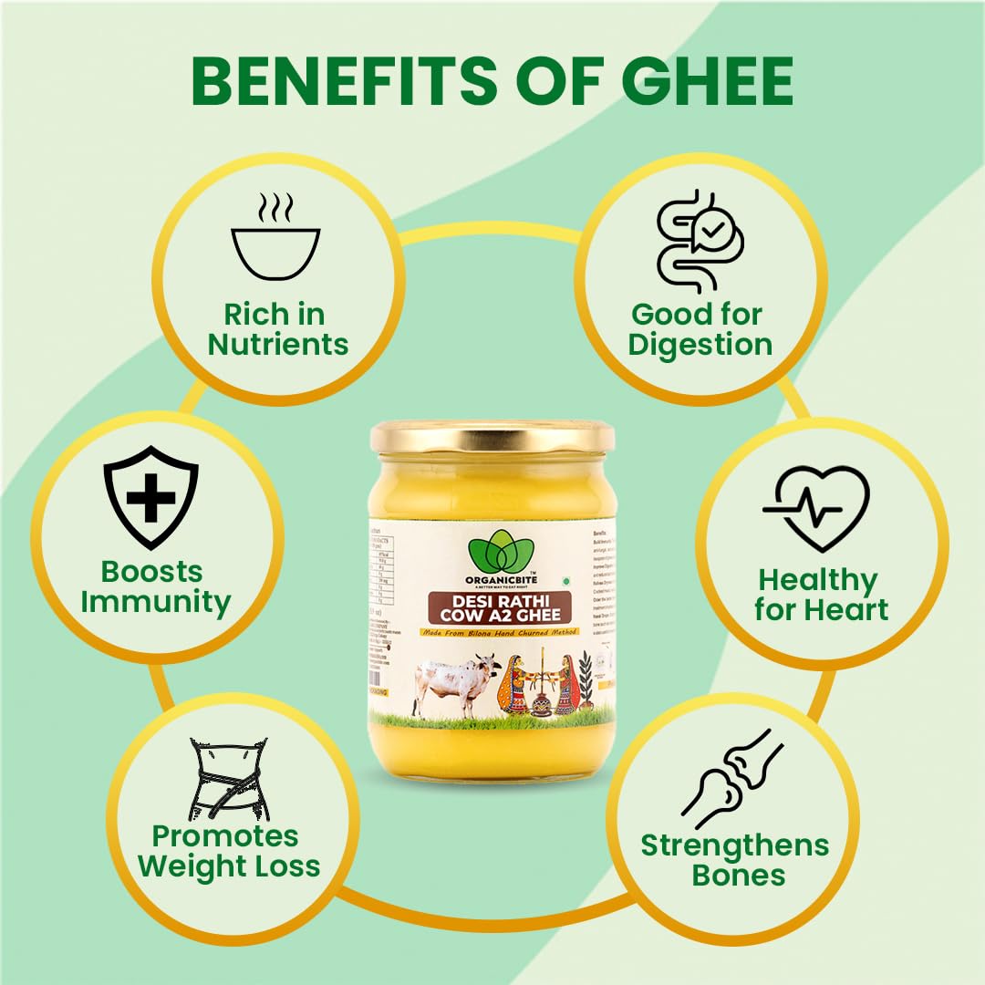 Pure Organic A2 Desi Rathi Cow Ghee By Organicbite | High In Protein Fiber Healthy Desi Ghee Good For Digestive Health | (500ml) 16.9 Ounce | Jar Pack