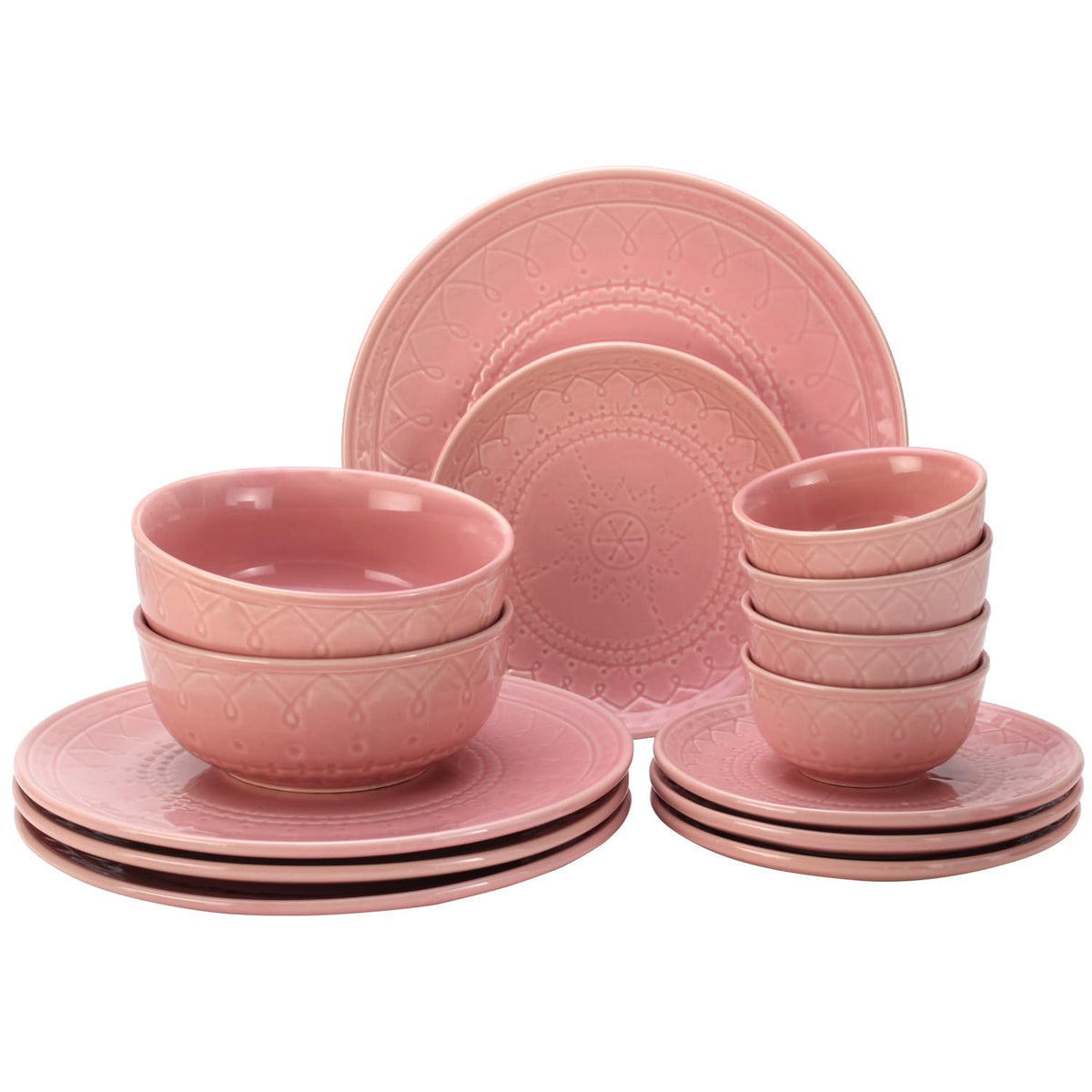 Handcrafted Stoneware Ceramic Dinner Set Of 14 Pcs With Serving Bowl Set - Light Pink | 4 Dinner Plates+ 4 Small Plates+ 4 Small Bowls, 180ml Each+ 2 Serving Bowls, 1000ml Each | Dishwasher Safe