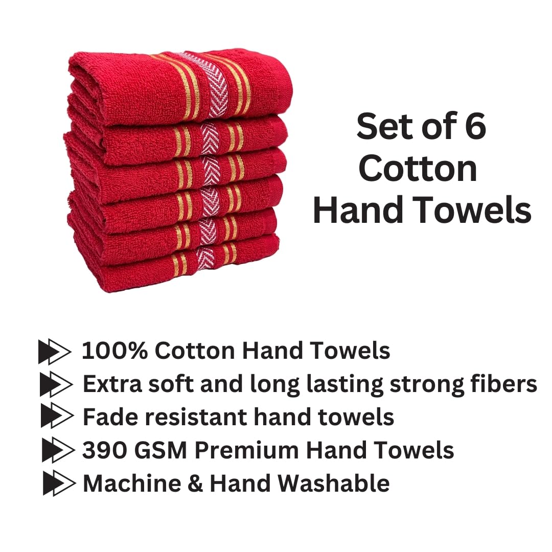 Stamio Cotton Hand Towel 390 Gsm | For Men, Women, Home Use, Gym, Wash Basin, Kitchen | Soft Absorbent Quick Dry Small Size Towels (Red) -Set Of 6