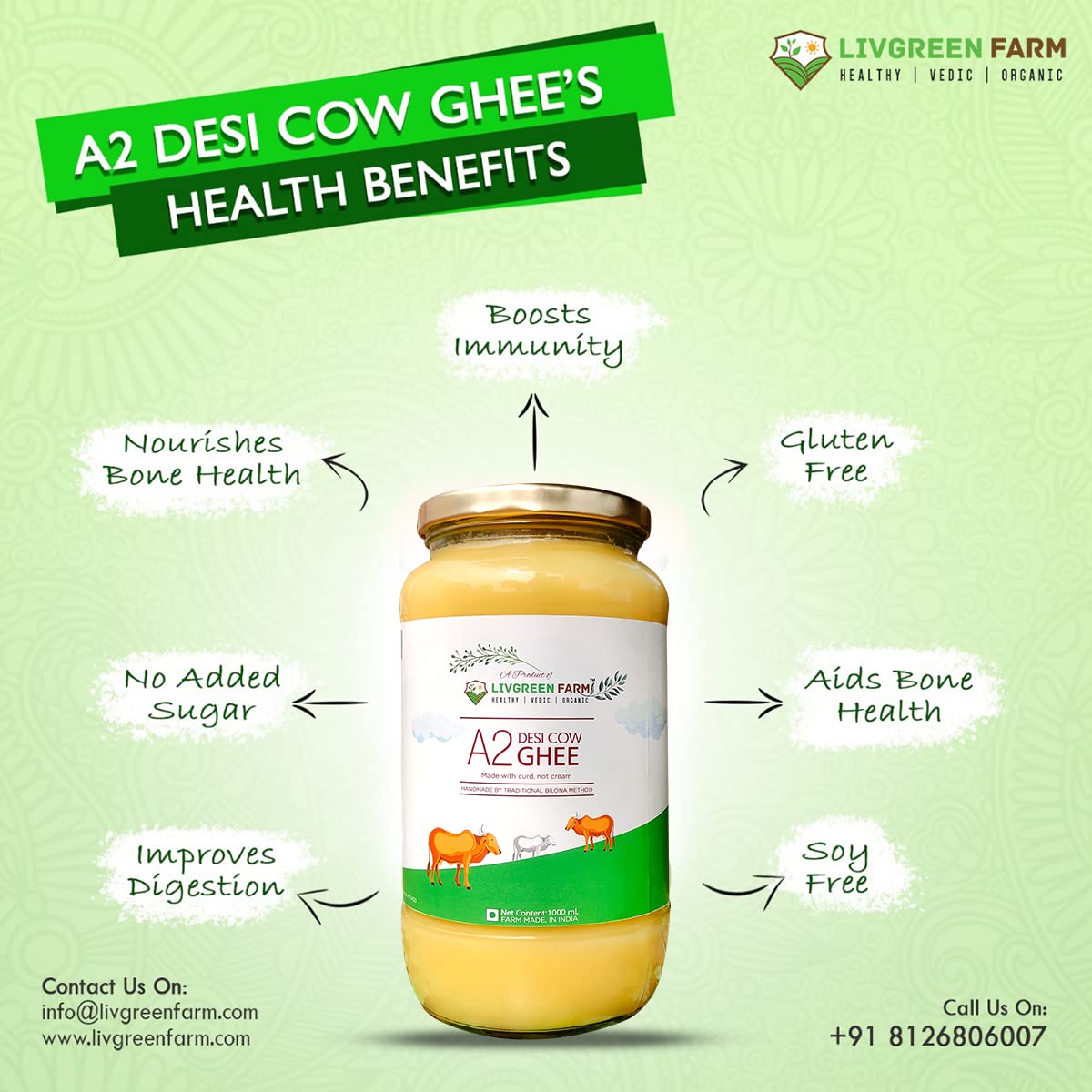 Pure Natural A2 Desi Cow Ghee By Livgreen Farm | Rich In Nutrients & Healthy Bilona Method Pure Desi Ghee Good For Overall Health | (1 Litre) 33.8 Ounce | Jar Pack
