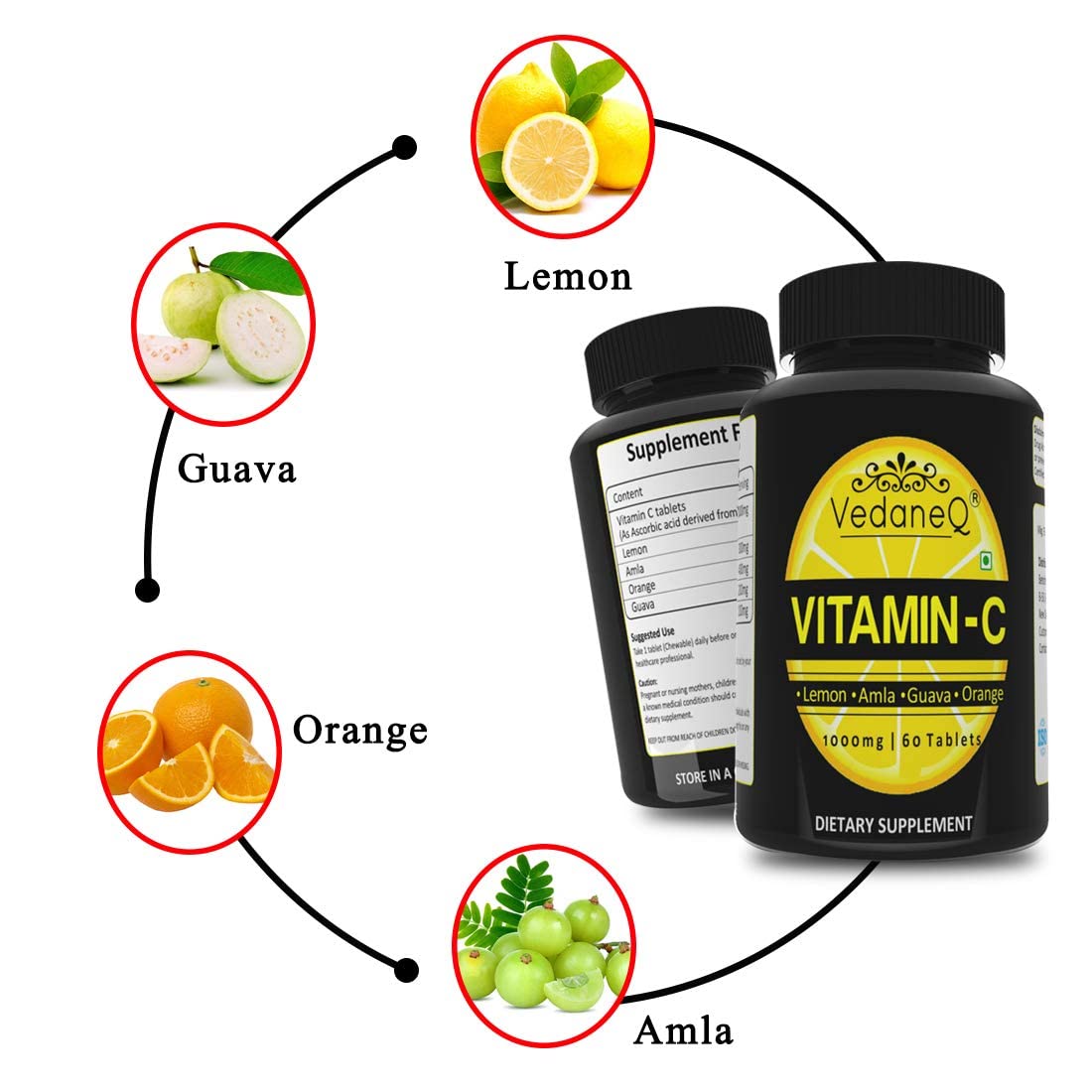 Vedaneq Natural Vitamin C Tablets Ascorbic Acid Amla, Orange, Lemon, Guava, High Potency Formula For Men & Women | 60 Chewable Tablets , 100gm 0.2lbs
