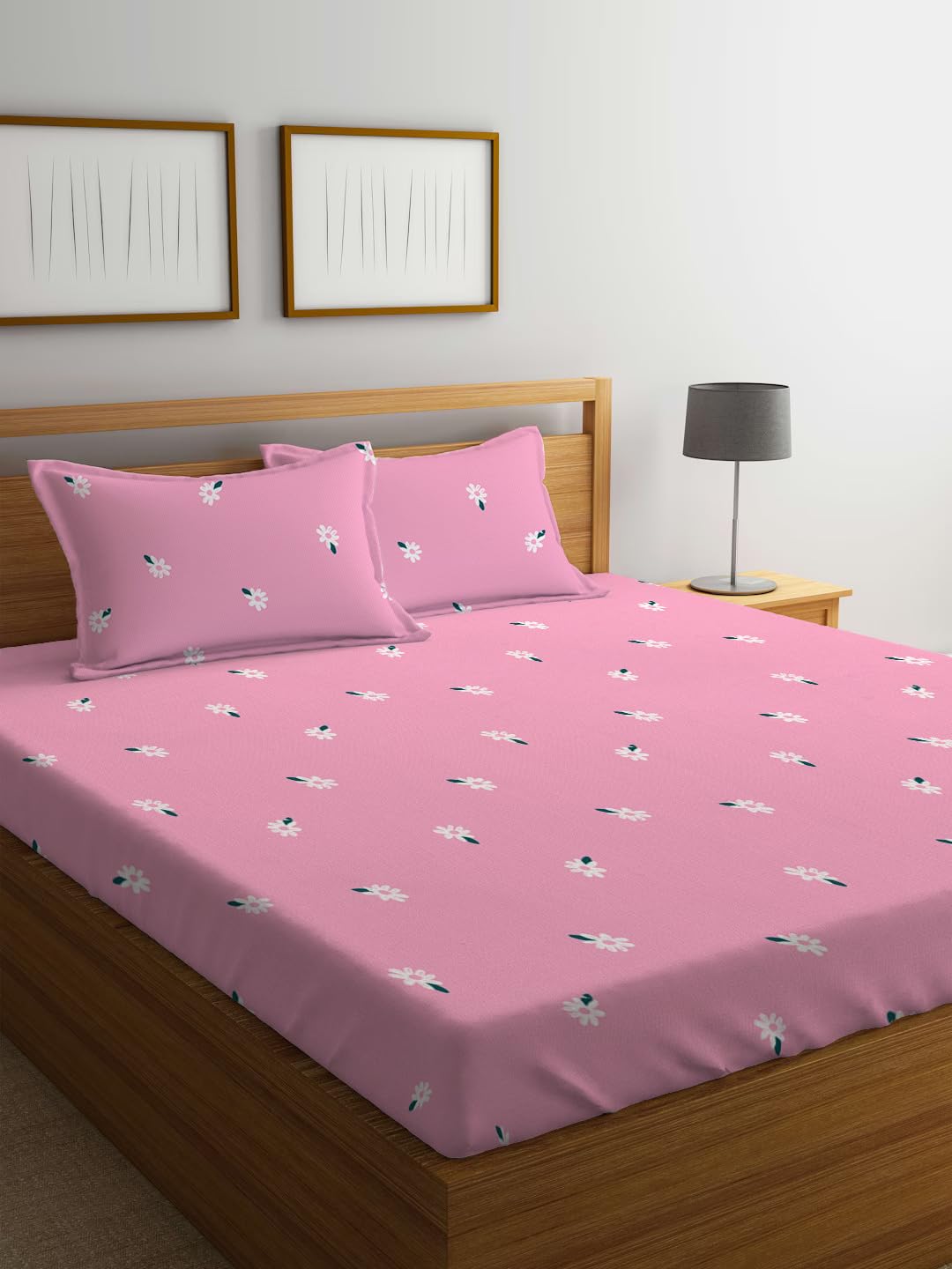 Elastic Fitted Printed Queen Size Double Bed Bedsheet With 2 Pillow Covers | 60 X 78 X 10 Inches, Pink | Super Soft Premium Brushed Glace Cotton Material
