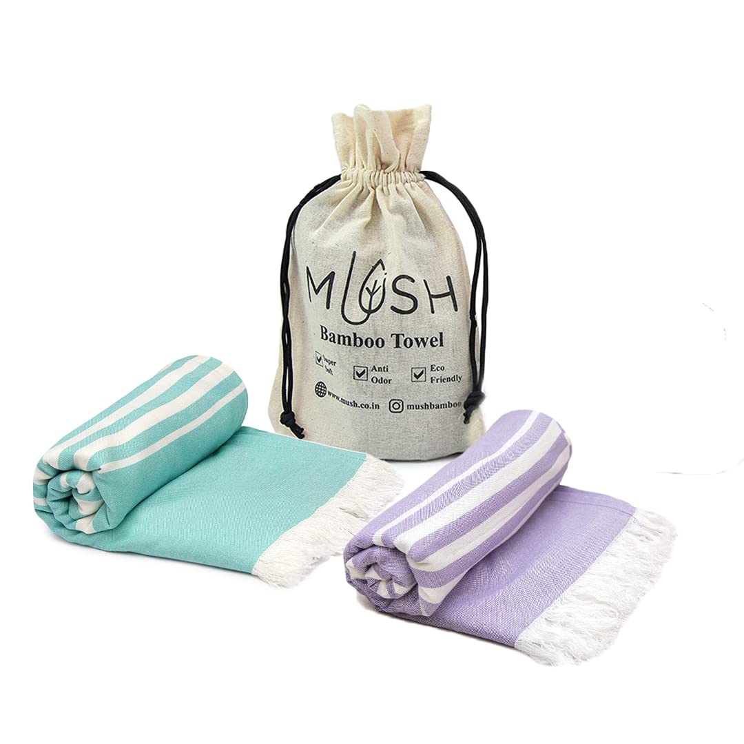 Mush 100% Bamboo Light Weight & Ultra-Compact Turkish Towel | Super Soft, Absorbent, Quick Dry, Anti-Odor Bamboo Towel (2, Aqua Blue & Lavender)