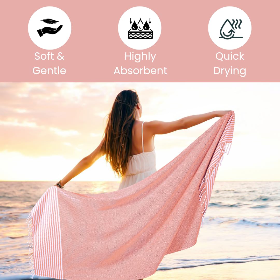 Destin Home Turkish Peshtemal Beach Towels 700 Gsm | Cotton Soft, Lightweight, Quick-Drying & Absorbent For Beach Pool Spa Picnic Travel (Peach)- Set Of 2