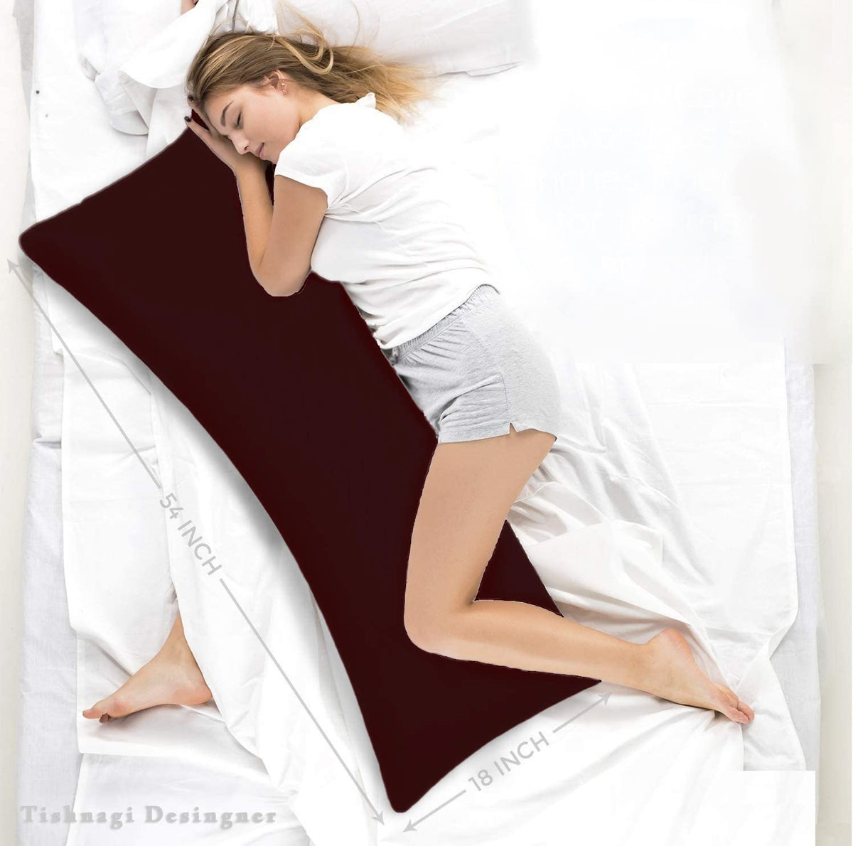 Full Body Pillow, Cotton Pillow With Dark Maroon Cover, Size - 18 X 54 Inches | For Hug, Side Sleeping, Soft & Comfortable Pillow | Versatile Usage, Breathable, Easy Maintenance