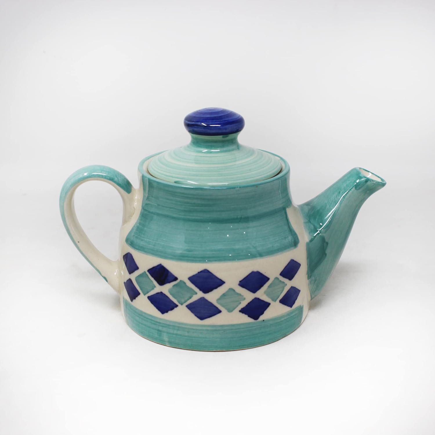 Hand Painted Turquoise Checkered Tea Set With Kettle | Ceramic Tea Kettle Set With 4 Cups, 150ml Each + 1 Kettle, 700ml + 1 Tray | 6 Pieces - Microwave Safe & Dishwasher Safe