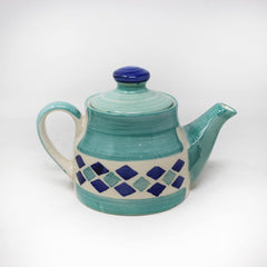 Hand Painted Turquoise Checkered Tea Set With Kettle | Ceramic Tea Kettle Set With 4 Cups, 150ml Each + 1 Kettle, 700ml + 1 Tray | 6 Pieces - Microwave Safe & Dishwasher Safe
