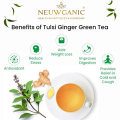 Neuwganic Tulsi Ginger Green Tea - 100gm, 3.5 Ounce, 50 Cups | Refreshing Blend Of Rama Tulsi, Ginger & Green Tea - Improves Digestion, Aids Weight Loss | Gluten Free, No Preservatives