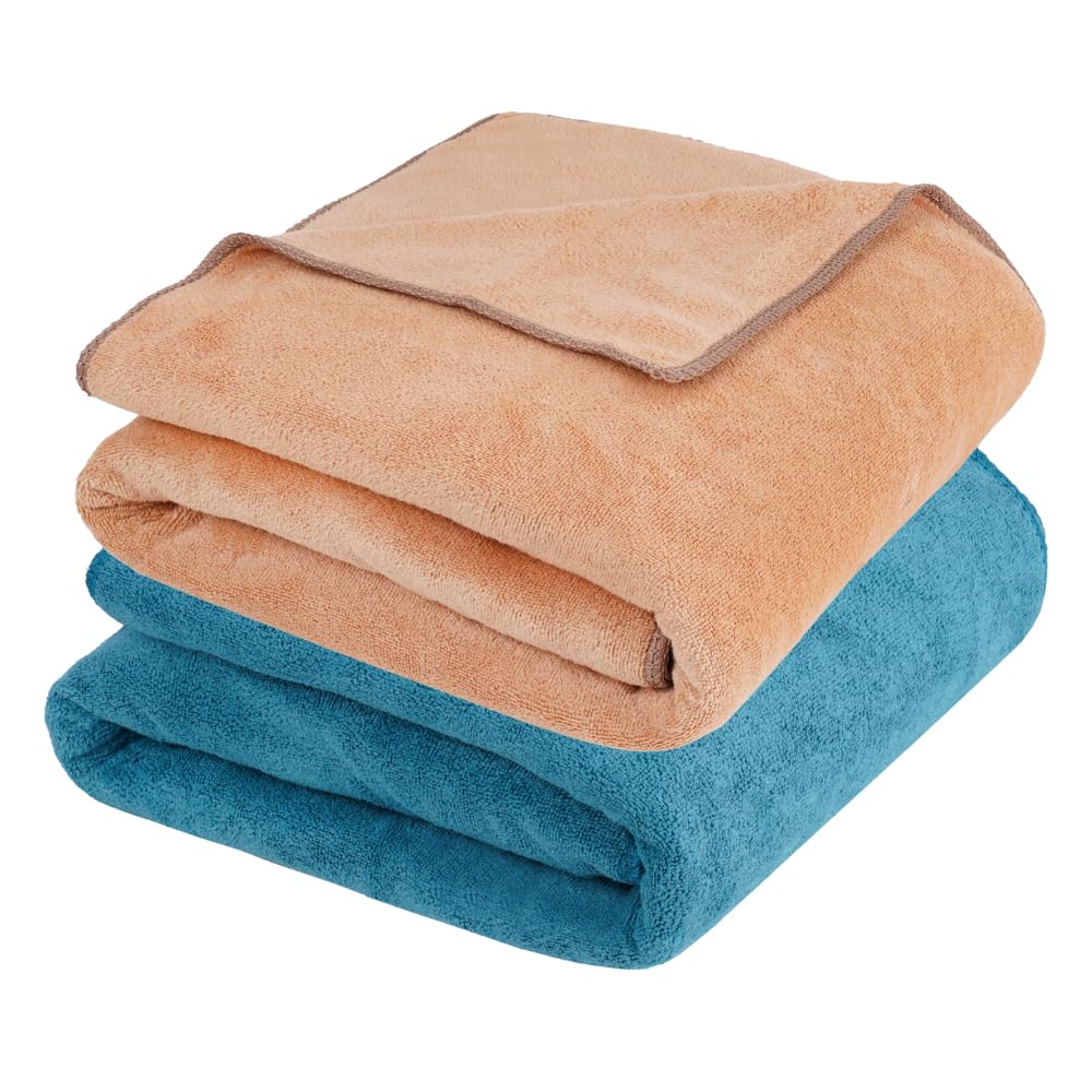 Fezora Microfiber Bath Towel 400 Gsm | For Men & Women Soft & Absorbent Weft Knitting Towels | Quick Dry Large Size Towel (Beige & Dark Blue) - 2 Piece