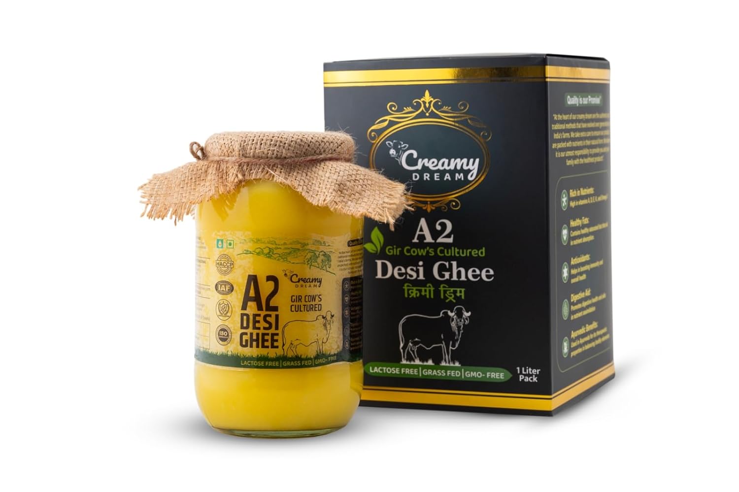 100% Natural A2 Gir Cow'S Cultured Desi Ghee By Creamy Dream | High In Vitamins & Minerals Healthy Desi Ghee Boost Brain Function & Improve Eyesight | (1 Litre) 33.8 Ounce | Jar Pack