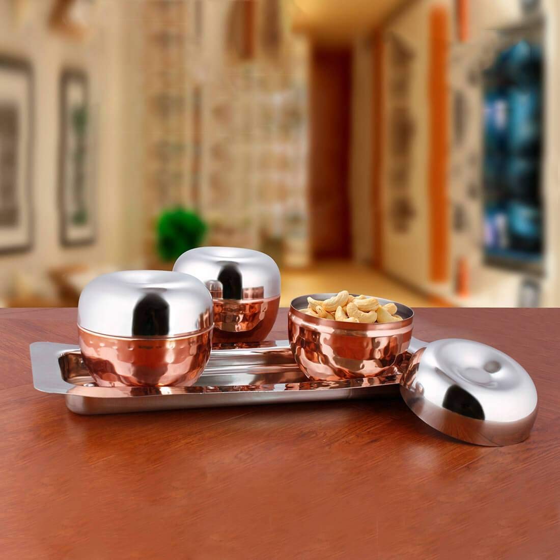 Stainless Steel Volga Hammered Canisters With Tray Set Of 3 - Brown, 7 Pieces, 300ml Each | Easy To Clean & Dishwasher Safe