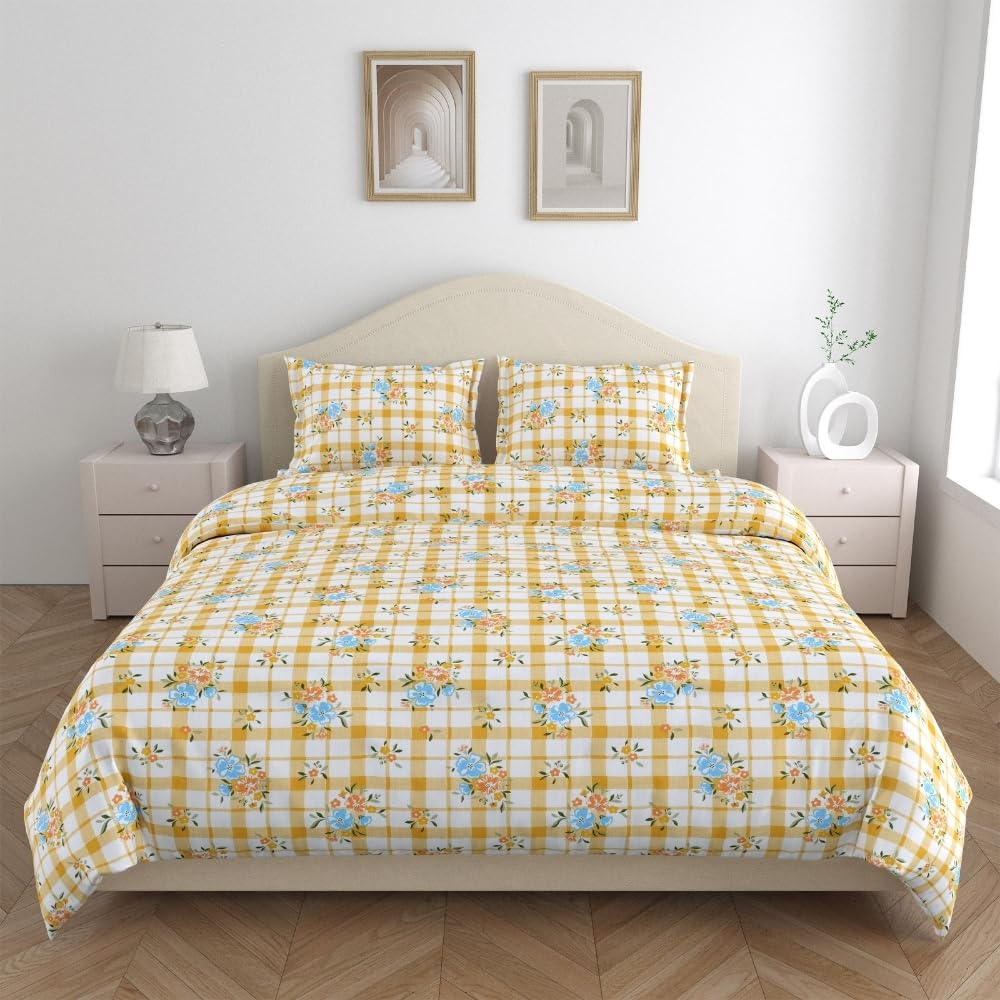 Bedsheet Double Bed For Queen Size - 100 X 90 Inches 2 Pillow Cover, Yellow & White | Ideal For Everyday Use | Soft, Skin-Friendly & Durable Cotton Fabric