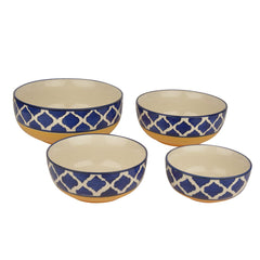 Studio Pottery Hand Painted Dinner Serving Bowl Set Of 4 - 1200ml, 650ml, 450ml & 250ml, Blue & Yellow | Dinner Serving Donga Set - Stackable Kitchen Bowl Set