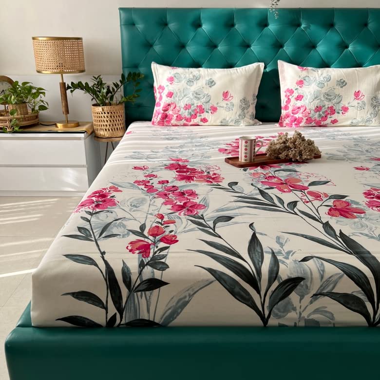 Bedsheet For Double Bed, Queen Size Bedsheet With 2 Pillow Covers | 88 X 100 Inches, Cream & Pink - Luxurious 100% Cotton Fabric | Soft & Comfortable For All Season