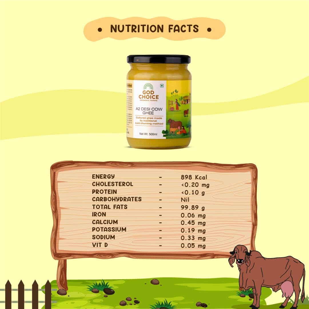 Organic Natural A2 Desi Cow Ghee By God Choice Organic Farms | High In Protein Fiber Healthy Desi Ghee For Boost Immunity | (500ml) 16.9 Ounce | Jar Pack