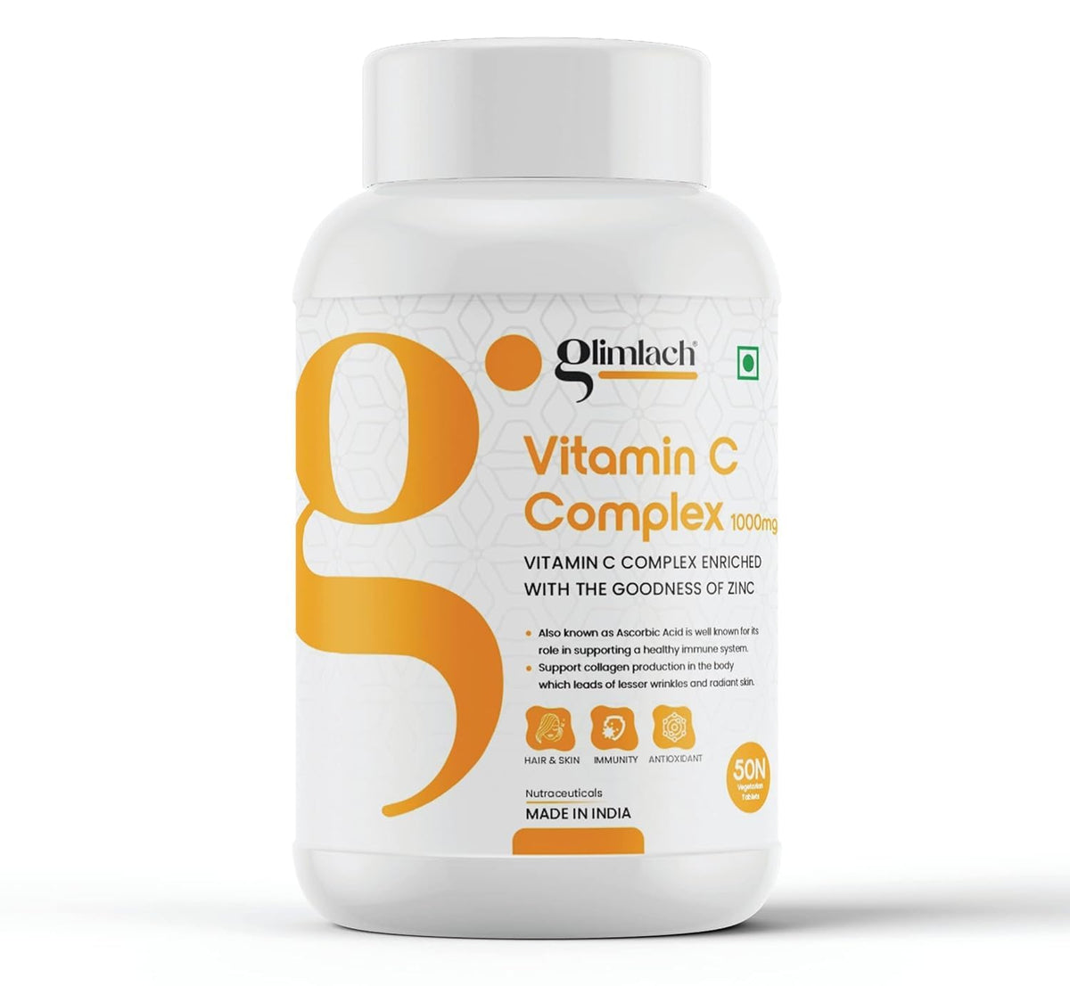 Glimlach Vitamin C Complex Tablet With Amla & Zinc For Men And Women - Supports Energy, Immunity, Antioxidant | 50 Veg Tablets , 100gm 0.2lbs