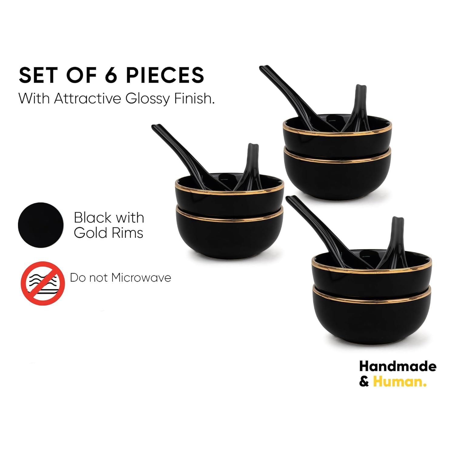 Ceramic Soup Bowl Set With Spoons - 300ml Each, Black Gold | 6 Pieces Soup Bowls + 6 Spoons | Glossy Finish - Premium Stoneware Ceramic Soup Bowls With Spoons | Soup Bowl Set Of 6