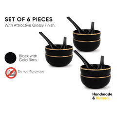 Ceramic Soup Bowl Set With Spoons - 300ml Each, Black Gold | 6 Pieces Soup Bowls + 6 Spoons | Glossy Finish - Premium Stoneware Ceramic Soup Bowls With Spoons | Soup Bowl Set Of 6