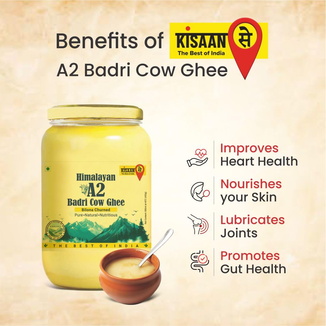 Pure Himalayan Badri A2 Cow Ghee By Kisaansay | Traditionally Bilona Churned Pure Desi Ghee Perfect For Bakes Cookies | (500ml) 16.9 Ounce | Jar Pack