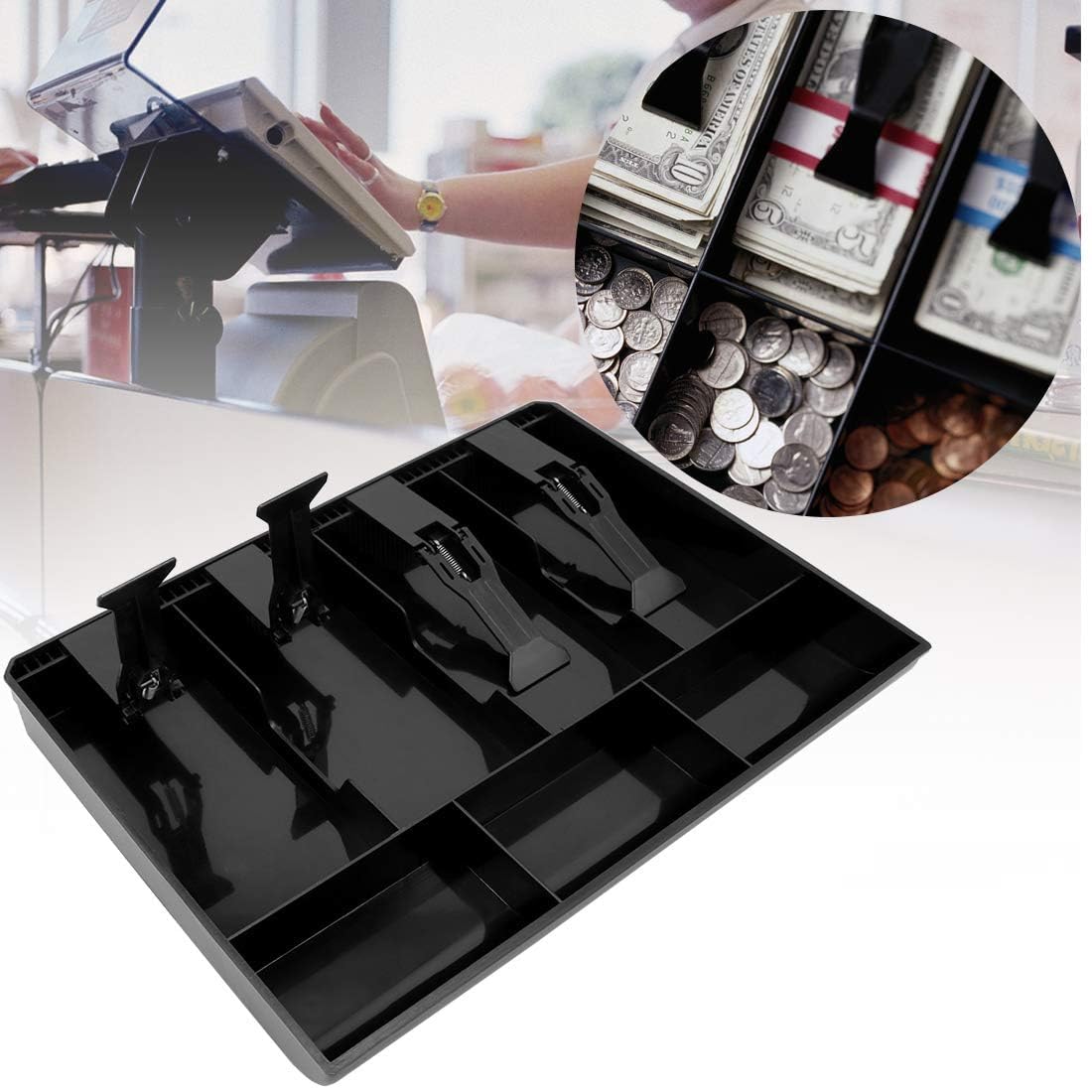 Abs Plastic Cash Tray 4 Cash, Bills & 3 Coin Compartment Cash Drawer Safe Box, Colour - Black