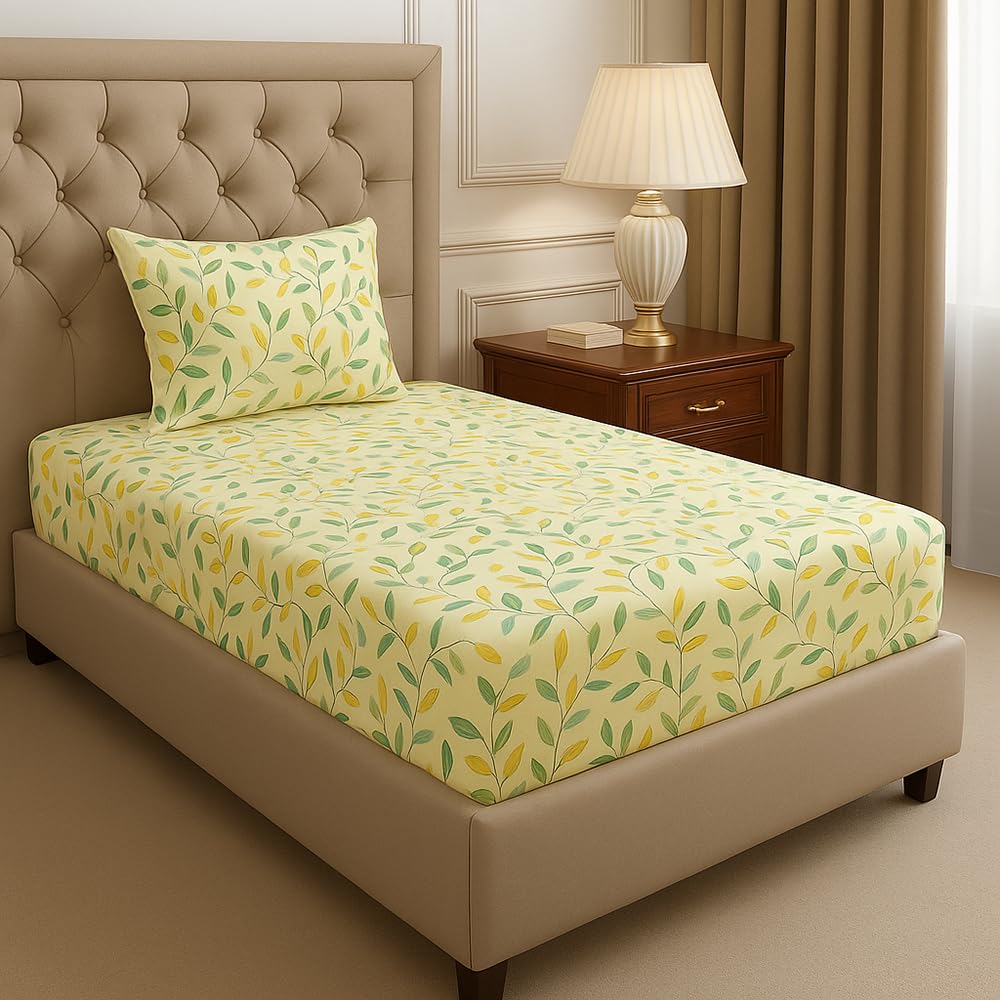 Premium Cotton Single Bedsheets With 1 Pillow Covers - 72x36+6 Inches, Beige | Printed Leaf Single Super Soft Breathable & Wrinkle Free
