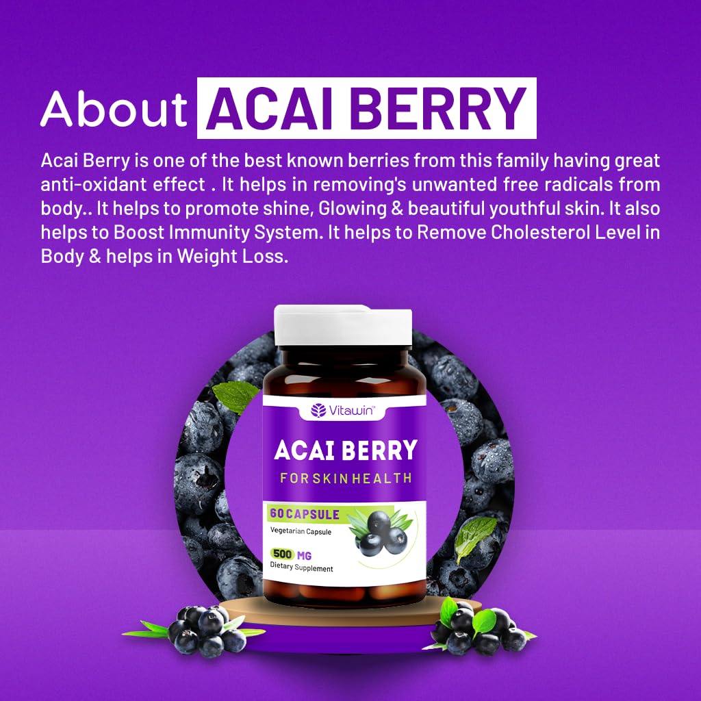 Vitawin Acai Berry For Healthy Skin & Antioxidants Supports, Ultimate Health & Nutrition Supplements, 500mg | Veg 60 Capsules 100gm 0.2lbs