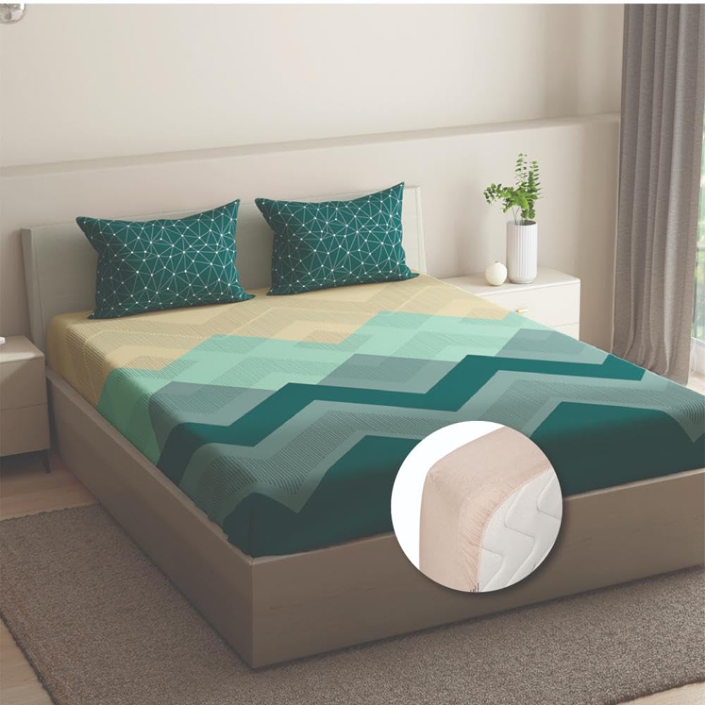 1 Double Bedsheet With 2 Matching Pillow Covers 72 X 48 Inches, Cream & Green | 200 Thread Count Durable & Long Lasting | All Around Elastic Fitted Sheet