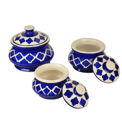 Hand Painted Ceramic Handi Set With Lid Set Of 3 - 1900ml, 1200ml & 650ml, Blue | Dinner Serving Bowls - Biryani Handis, Serving Pots