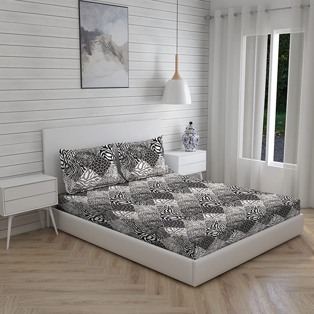 Cotton Bedsheet For King Size With Pillow Cover Set - 108x108 Inches, White & Black | Breathable & Light Weight, All Season Comfort-Ideal For Daily Use & Gifting Bedsheet