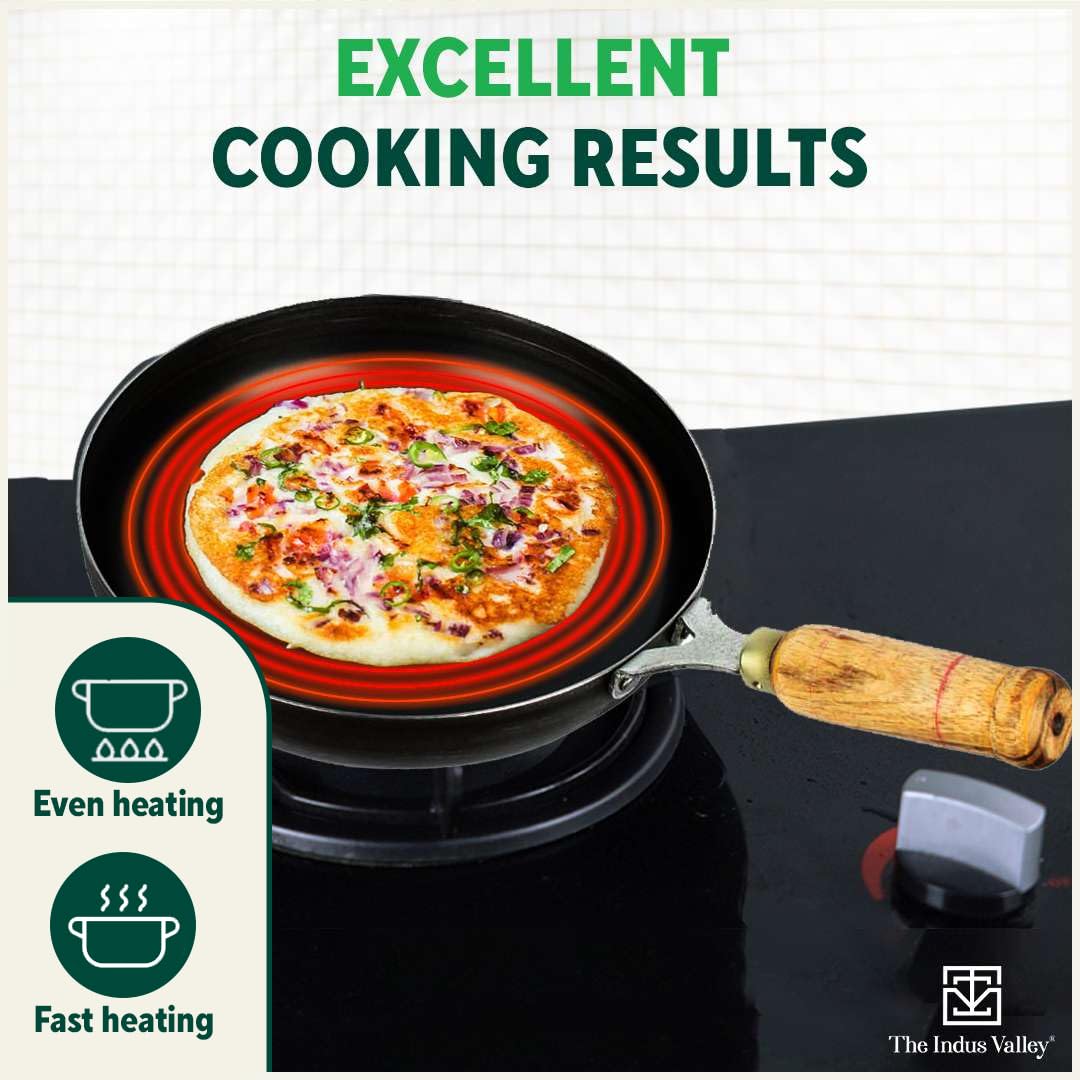 Pre-Seasoned Black Iron Fry Pan With Wooden Handle - Large, 30.4 Cm, 12 Inch, 3.6 Ltr, 1.4 Kg | Induction Friendly, Pre-Seasoned Fry Pan, 100% Pure & Toxin-Free, No Chemical Coating