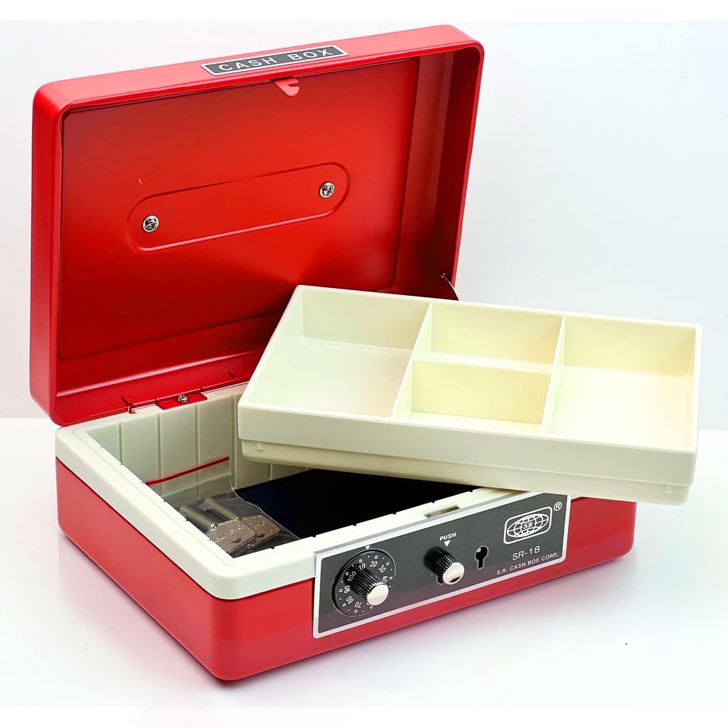 Imported Metal Cash Box With Dual Combination & Password Lock Medium Size Money Box For Cash, Jewellery Safe Locker With Removable Plastic Coin Tray, Colour - Red, Material - Metal