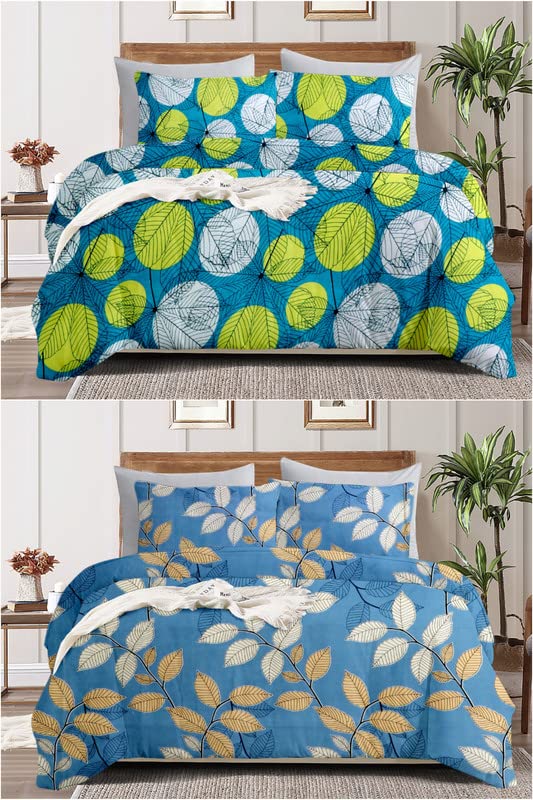 2 Double Bedsheets With 4 Matching Pillow Covers - 90 X 90 Inches, Multicolor | 180 Thread Count Soft Brushed Glace Cotton-Breathable Wrinkle Free