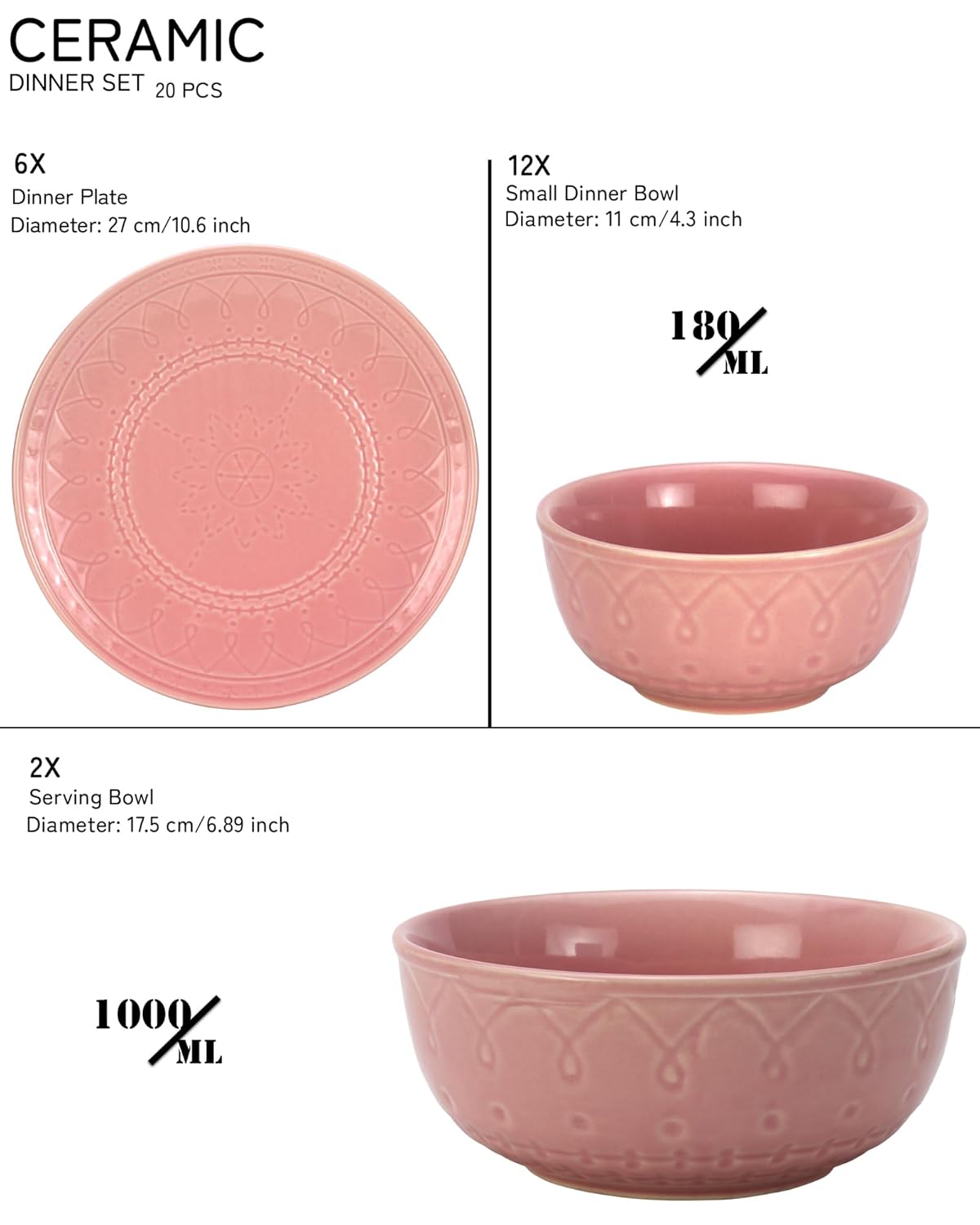 Handcrafted Stoneware Embossed Ceramic Dinner Set Of 20 Pcs With Serving Bowls Set - Light Pink | 6 Dinner Plates+ 12 Small Dinner Bowls, 180ml Each+ 2 Serving Bowl, 1000ml Each | Serving For 6