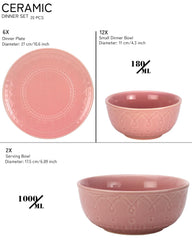 Handcrafted Stoneware Embossed Ceramic Dinner Set Of 20 Pcs With Serving Bowl Set - Light Pink | 6 Dinner Plates+ 12 Small Dinner Bowls, 180ml Each+ 2 Serving Bowl, 1000ml Each | Serving For 6