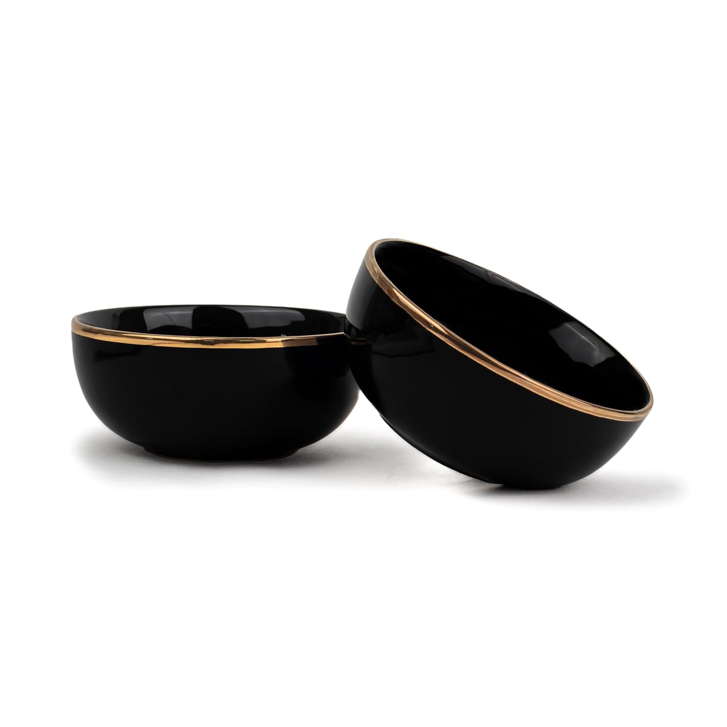 Ceramic Bowl Set Of 4 Pieces For Snacks - 330ml Each, Black Gold | Maggie Bowl, Noodle Bowl With Glossy Finish - Premium Stoneware | Microwave Safe & Dishwasher Safe