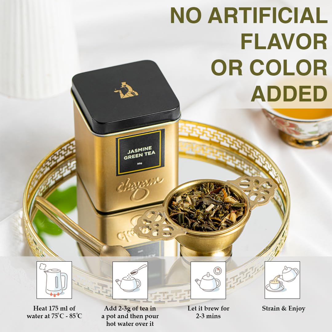 Chayam Jasmine Green Tea - 50gm Tin, 1.7 Ounce | Improves Digestion & Relieves Stress, Enjoy Hot Or Iced - Rich In Antioxidants | Low Caffeine