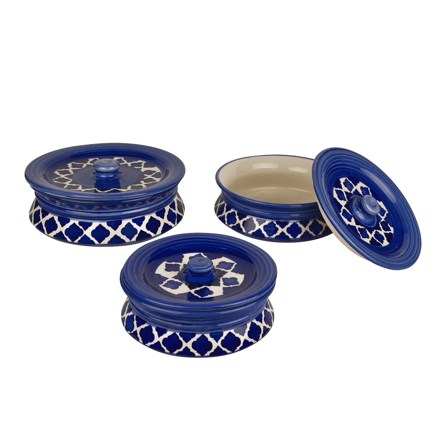 Hand Painted Ceramic Handi With Lid Set Of 3 - Blue & White | Dinner Serving Bowls - Biryani Handis, Serving Pots - 1200ml, 800ml, 600ml