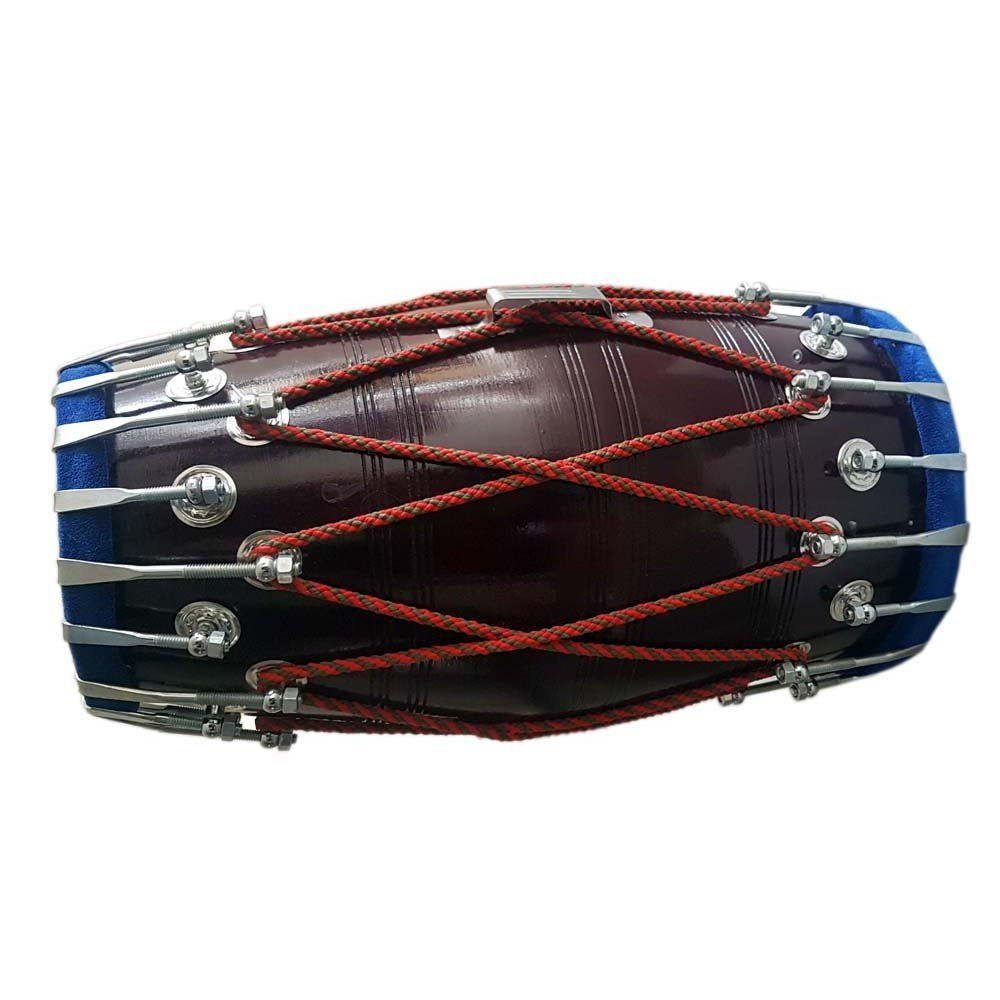 Handmade Wooden Dholak (Dholki), Brown - Indian Folk Musical Instrument Drum Tied Thru Rope