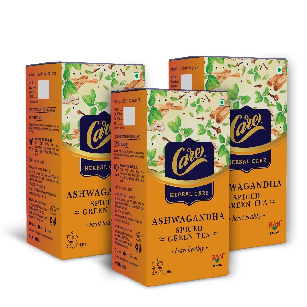 Care Ashwagandha Spiced Herbal Care Green Tea - 3 Packs X 25 Sachets | Organic Desi Kahwa With Tulsi, Ginger, Cinnamon - Ayurvedic Indian Kadha For Detoxification | Whole Loose Leaves Blend
