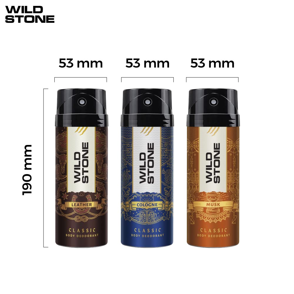 Wild Stone Classic Cologne, Leather & Musk Deodorants For Men Long Lasting Body Spray 675ml 22.8 Fl.oz. | Pack Of 3