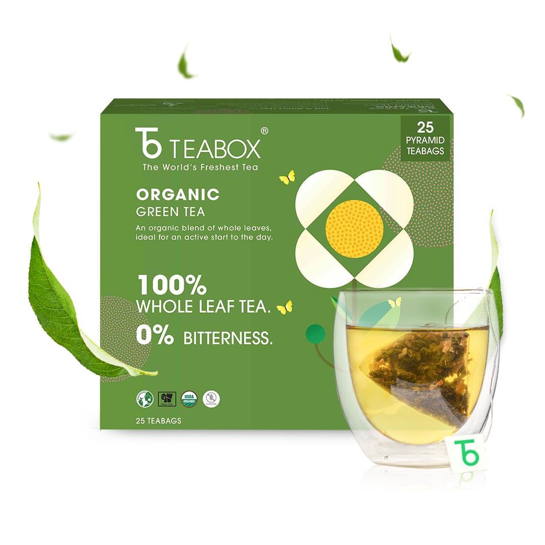 Teabox Organic Green Tea - 25 Pyramid Tea Bags | Increases Metabolism, Rich In Antioxidants - 100% Whole Leaf Tea Sourced From Darjeeling | Low Caffeine, 0% Bitterness