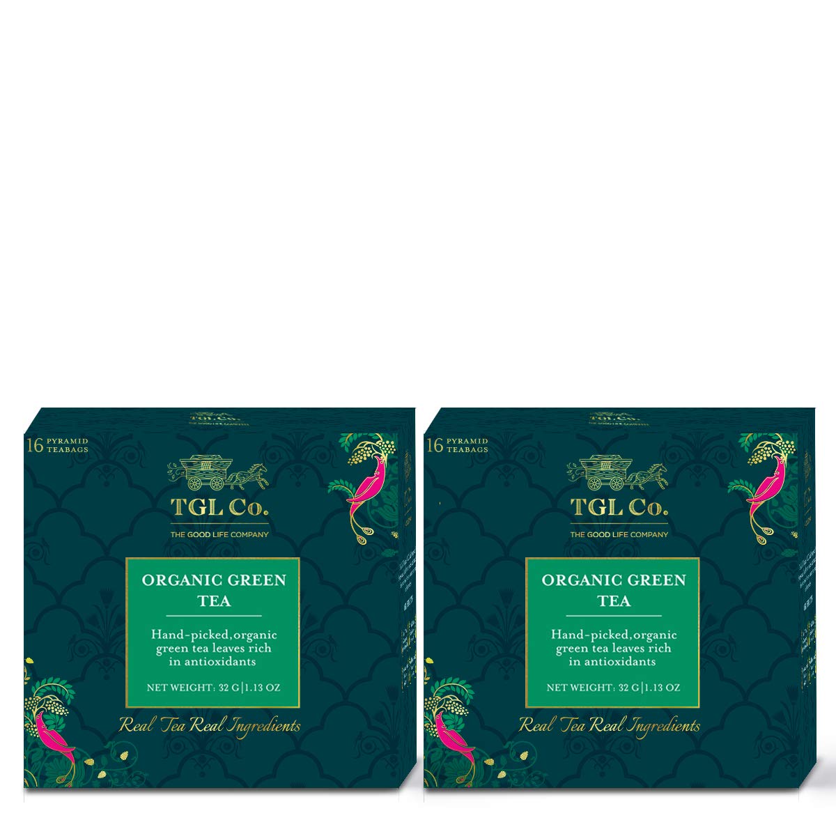 TGL Co. Organic Green Tea - Pack Of 2 X 16 Pyramid Tea Bags, 64gm, 2.2 Ounce | Rich In Anti Oxidant, Improve Digestion - Medium Caffeine, No Artificial Flavor