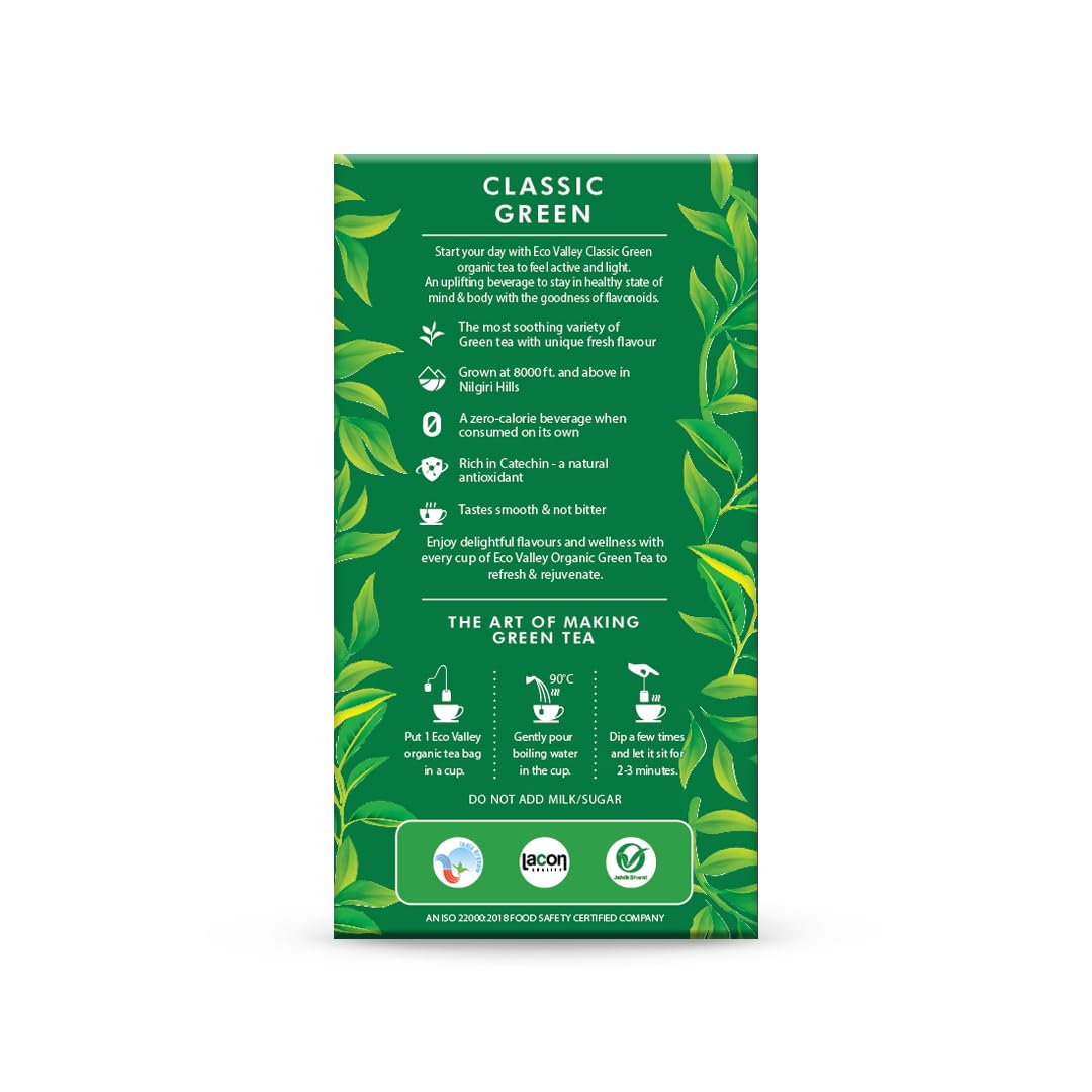 Eco Valley Organic Classic Green Tea - 25 Tea Bags | Boosts Metabolism, Strengthens Immune System - Rich In Antioxidants, Zero Calories, Low Caffeine