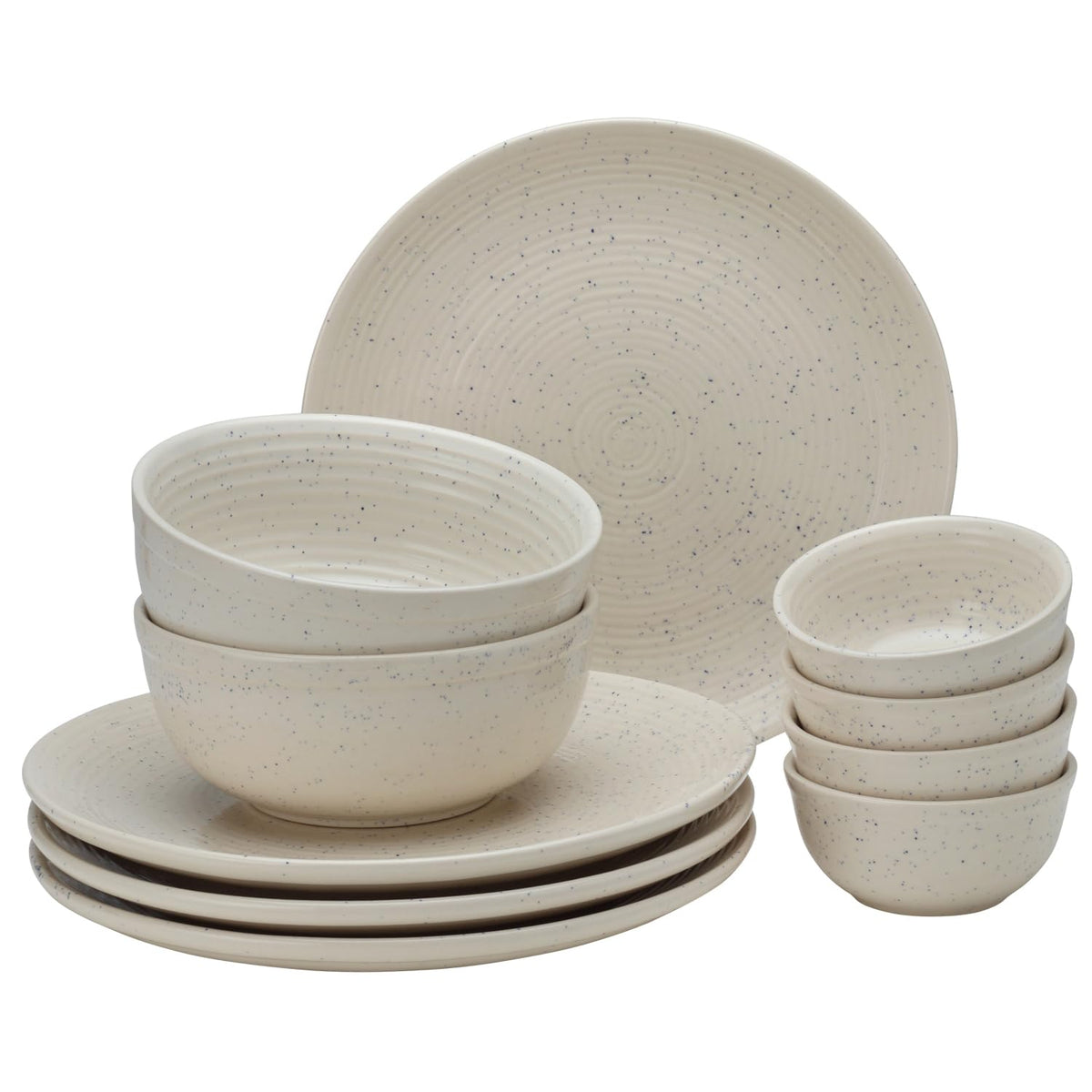 Handcrafted Ceramic Stoneware Dinner Set Of 10 Pcs With Serving Bowl Set - Ivory White | 4 Dinner Plates, 10.6 Inch Each + 4 Salad Bowl, 180ml Each+ 2 Serving Bowl, 1000ml Each