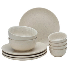 Handcrafted Ceramic Stoneware Dinner Set Of 10 Pcs With Serving Bowl Set - Ivory White | 4 Dinner Plates, 10.6 Inch Each + 4 Salad Bowl, 180ml Each+ 2 Serving Bowl, 1000ml Each