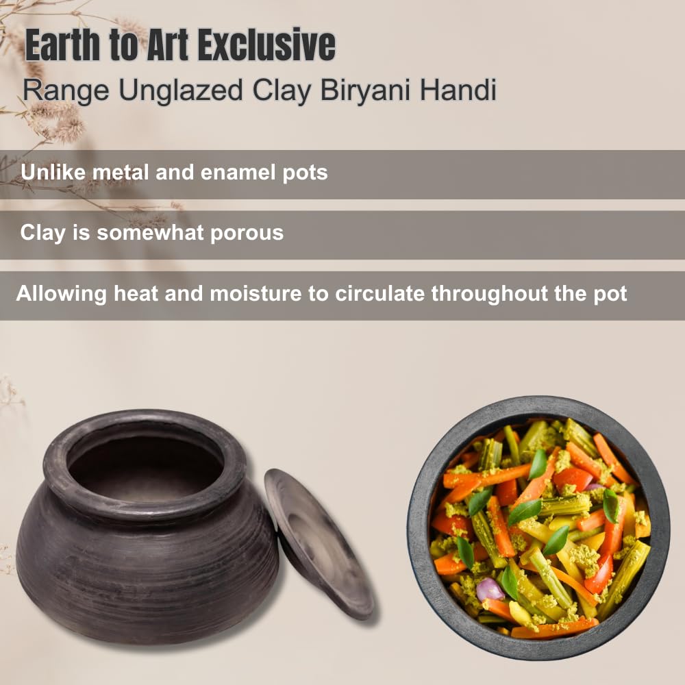 Exclusive Range Unglazed Clay Biryani Handi With Lid 2 Liters + 3 Liters, Pack Of 2 | Earthen Pot For Cooking With Lid, Black